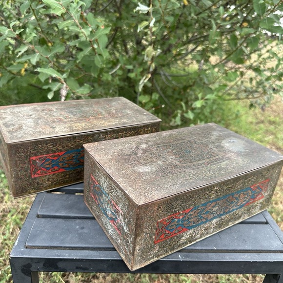 Lot 2 Vintage Wilson & Co USA Soap Dept. Tin Humidor Mosaic Litho Box Hinged Lid - Picture 2 of 14